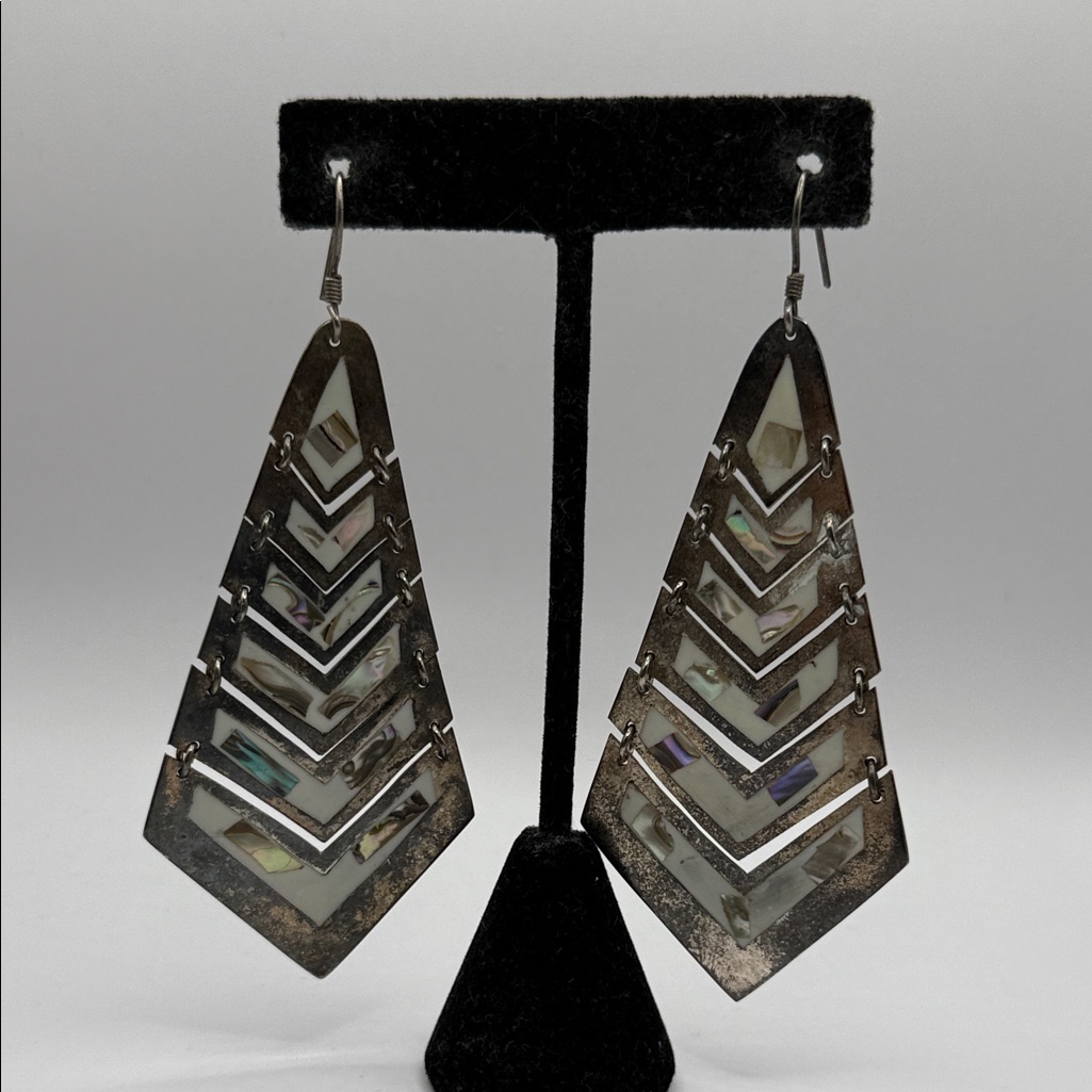 Vintage Alpaca Mexico Silver Abalone Large Dangle Drop Statement Earrings 25$